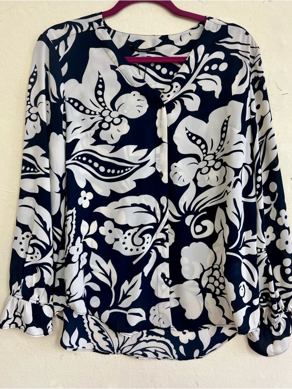 T Tahari Navy and Cream Floral Button-Front Blouse